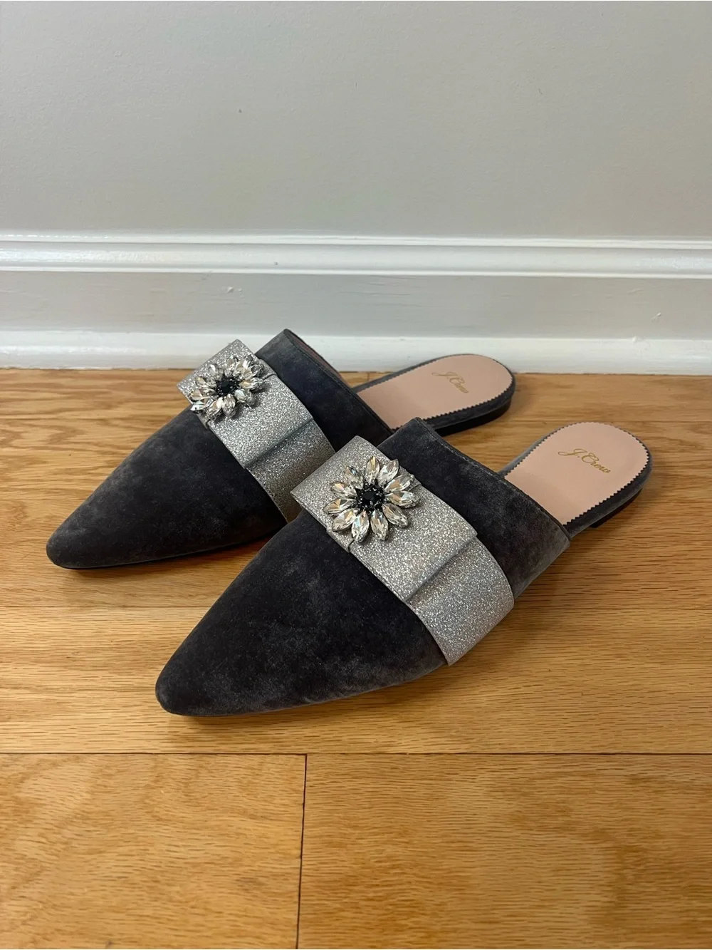 NWOT J.Crew Marina Velvet Jeweled Bow Mule Slides in Grey